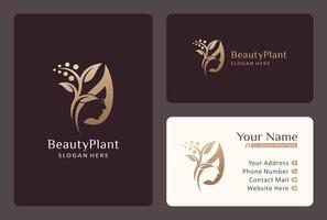 beautiful face with leaf logo design in gold color. vector