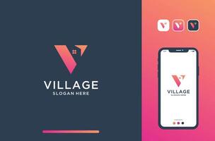v logo design with negative house space and arrow. vector