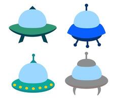 Alien spaceship, spacecrafts and UFO set. Cosmic ship in form saucer for transportation. Children clip art. cartoon flat illustration for space design. vector