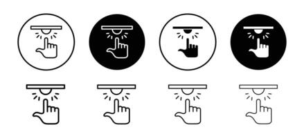 Hand push button click by hand finger icon. hit or press doorbell at house gate symbol. touch or activate emergency bell sound set vector
