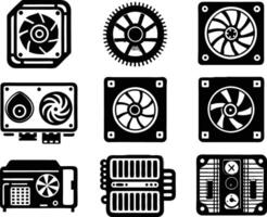 set of computer parts icon. computer, technology, electronic, hardware, device, motherboard, pc, part, equipment, component, cpu, processor, chip vector