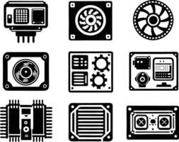 set of computer parts icon. computer, technology, electronic, hardware, device, motherboard, pc, part, equipment, component, cpu, processor, chip vector