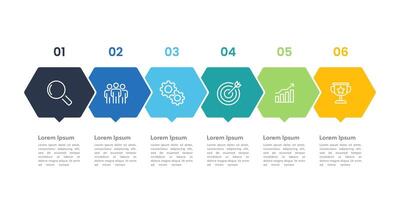 Business infographic template process with six element for presentation. marketing, planning, timeline and annual report. vector