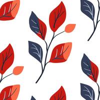 Seamless pattern. Simple Plant. Simple branch with bright leaves. White background. Ornament in Scandinavian style. Hand drown. Flat vector