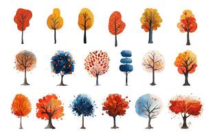 Set Autumn and winter watercolor trees. Hand drawn. Flat illustration. Isolated vector