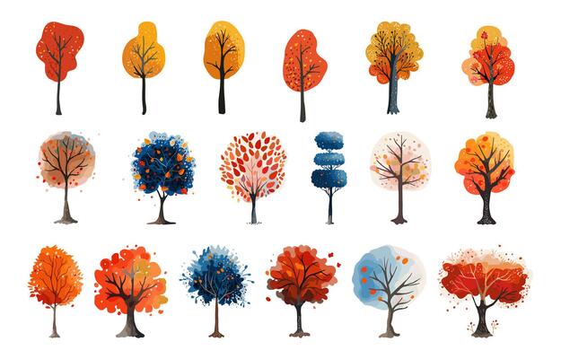 Set Autumn and winter watercolor trees. Hand drawn. Flat illustration. Isolated