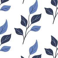 Seamless pattern. Simple Plant. Simple branch blue leaves. White background. Decorative ornament in Scandinavian style. Hand drown. Flat vector