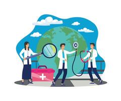 Doctors check the health world globe with a stethoscope in the order of world health day. flat modern illustration vector
