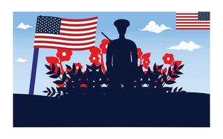 Silhouette of a soldier with red poppies for Memorial Day. flat modern illustration vector