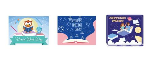 World Book Day Design by Owl Reading A Book. World Book Day background concept with copy space area for text. World Book Day with Children. Set flat illustration vector