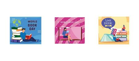 Concept of Book Week or World Book Day. A girl reads a fantasy book against the background of a large book. World Book Day. Set flat modern illustration vector