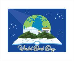 World book day 23 april. Stack of colorful books with open book on teal background. Flat modern illustration vector