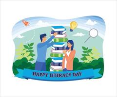 A boy and a girl are stacking up and collecting books to read together. Happy Literacy Day on the 8th of September. Flat modern illustration vector