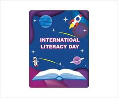 Square International Literacy Day background with open books and outer space. Flat modern illustration vector