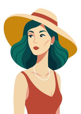 Trendy illustration of a beautiful woman in summer hat. The theme of summer holidays, vacation.