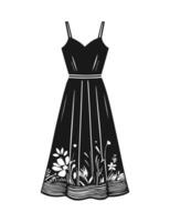 illustration with black and white hand drawn dress with flowers. Fashionable summer sundress. vector