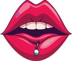 Illustration featuring glossy red lips with a lower lip piercing, slightly parted and showing teeth vector