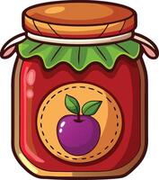 Glass jar with homemade plum jam and label decorated with ripe plum vector