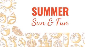 Summer minimal horizontal banner, beach accessories, orange monochrome icons. Side borders of frame, copy space, isolated on white. Summertime, sun and fun. For poster, flyer, card, invitation vector