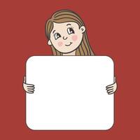 Little smiling girl holding a whiteboard with space for text or design. Illustration in cartoon style isolated on brown background vector