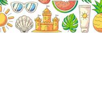 Summer square card with beach accessories icons. Top border frame and copy space, isolated on white. Summer vibes, enjoy every moment. For poster, flyer, banner, invitation, social media vector
