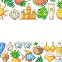 Summer square card, colorful beach accessories icons. Bottom and upper border frame, copy space, isolated on white. Summertime, rest and vacation. For poster, flyer, banner, invitation, social media vector