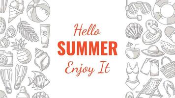 Summer minimal horizontal banner, beach accessories, gray monochrome icons. Side borders of frame, copy space, isolated on white. Hello summertime. For poster, flyer, card, invitation, social media vector