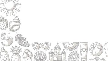 Summer minimal horizontal banner, beach accessories, gray monochrome icons. Side borders of frame, copy space, isolated on white. Summertime, sun and fun. For poster, flyer, card, invitation vector