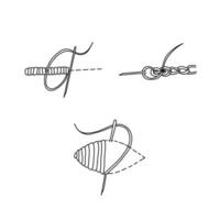 Needle and thread silhouettes. Set of three types of embroidery stitches. Hand drawn illustration, line art isolated on white background. vector
