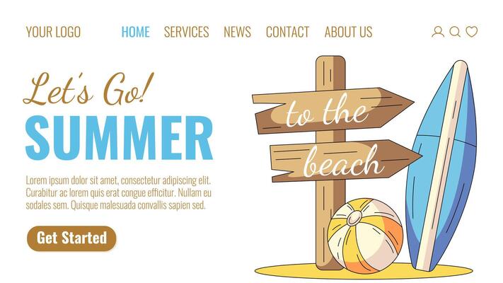 Wooden direction sign to the beach, surfboard and inflatable ball on the sand. Summer vacation elements and accessories. Landing page template for website, web, online, banner, travel agency