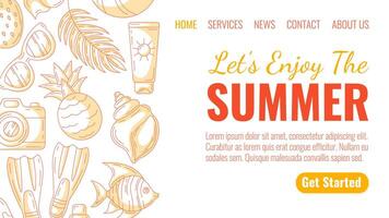 Summer beach elements and accessories, monochrome minimalist style. Sunglasses, pineapple, camera, flippers, seashell and sunscreen, fish. Landing page template for website, web, online, banner vector
