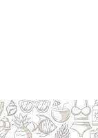 Summer vertical a4 poster, beach elements and accessories icons, minimalist monochrome gray. Bottom border frame, copy space, isolated on white. For card, flyer, banner, invitation, social media vector