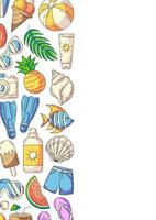 Summer colorful vertical a4 poster, beach elements and accessories icons. Left side border frame, copy space, isolated on white. For card, flyer, banner, invitation, social media, planner, postcard vector