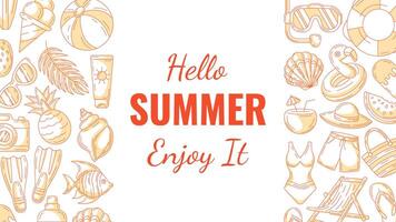 Summer minimal horizontal banner, beach accessories, orange monochrome icons. Side border frame, copy space, isolated on white. Hello summertime. For poster, flyer, card, invitation, social media vector