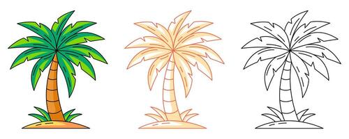 Palm tree, colorful and line icons set. Summer beach concept, outline icon, monochrome and color illustration. Tropical, exotic tree, summertime. For sticker, coloring book, logo, label vector