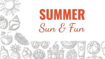 Summer minimalist horizontal banner, beach accessories, gray monochrome icons. Corner border frame, copy space, isolated on white. Summertime, sun and fun. For poster, flyer, card, invitation, party vector