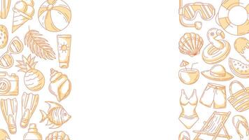 Summer minimalist horizontal banner, beach accessories monochrome orange icons. Side borders frame, copy space, isolated on white. For poster, flyer, card, invitation, social media, party or event vector