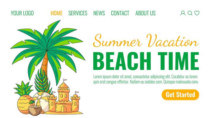 Summer beach elements and accessories under the palm tree. Inflatable ball, sand castle, coconut cocktail, pineapple. Landing page template for website, web, online, banner, travel agency