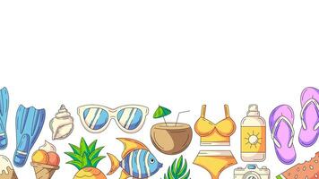 Summer colorful horizontal banner with beach accessories icons. Bottom border of frame, copy space, isolated on white. Summertime. For poster, flyer, card, invitation, social media, party or event vector