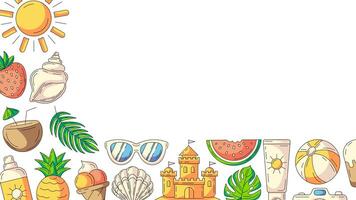Summer colorful horizontal banner, beach accessories icons. Corner border frame, copy space, isolated on white. Summertime, sun and fun. For poster, flyer, card, invitation, party or event vector