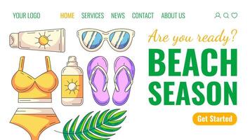 Summer elements and accessories for beach holidays. Swimsuit, sunscreen, sunglasses, flip flops and tropical leaf. Creative landing page template for website, web, online store, banner. vector