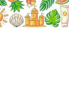 Summer vertical a4 poster, beach elements and accessories icons. Upper border frame, copy space, isolated on white. Sand castle, seashell, sunscreen. For card, flyer, banner, invitation, social media vector