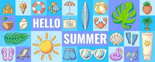 Geometric modern horizontal banner with summer beach colorful icons. Hello summer. Minimal abstract layout for poster, flyer, cover, brochure, party. Background, summertime fun concept vector