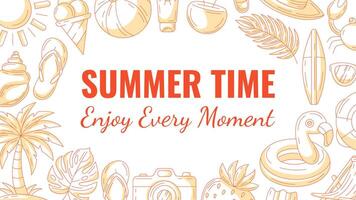Summer minimalist horizontal banner, beach accessories orange monochrome icons. Round border frame, copy space, isolated on white. Summertime, enjoy every moment. For poster, flyer, card, invitation vector