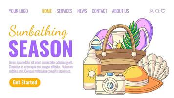 Sunbathing season. Summer elements and accessories for beach holidays. Sunscreen, sunglasses, flip flops in bag, camera, hat and seashell. Landing page template for website, web, online, banner vector
