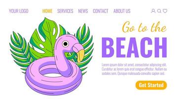 Inflatable ring in the shape of a flamingo surrounded by tropical leaves. Summer beach elements and accessories. Creative landing page template for website, web, online, banner, travel agency vector