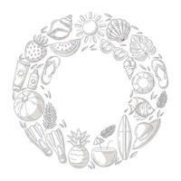 Summer holiday elements in round shape. Square card, monochrome gray beach accessories icons isolated on white, copy space in the middle. For poster, flyer, banner, invitation, social media. vector