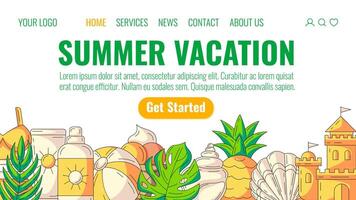Summer colorful beach elements and accessories. Sunscreen, inflatable ball, seashell, pineapple, sand castle. Landing page template for website, web, online, banner, advertising vector