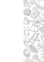 Summer minimalist vertical a4 poster, beach elements and accessories icons, monochrome gray. Right side border frame, copy space, isolated on white. For card, flyer, banner, invitation, social media vector