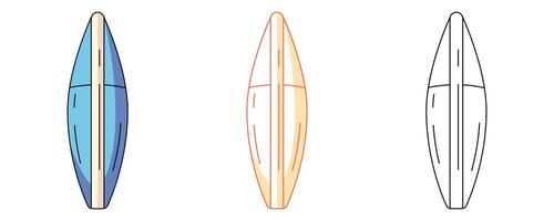Surfboard, colorful and line icons set. Summer beach concept, outline icon, monochrome and color illustration. Active summertime. For sticker, coloring book, logo, label vector